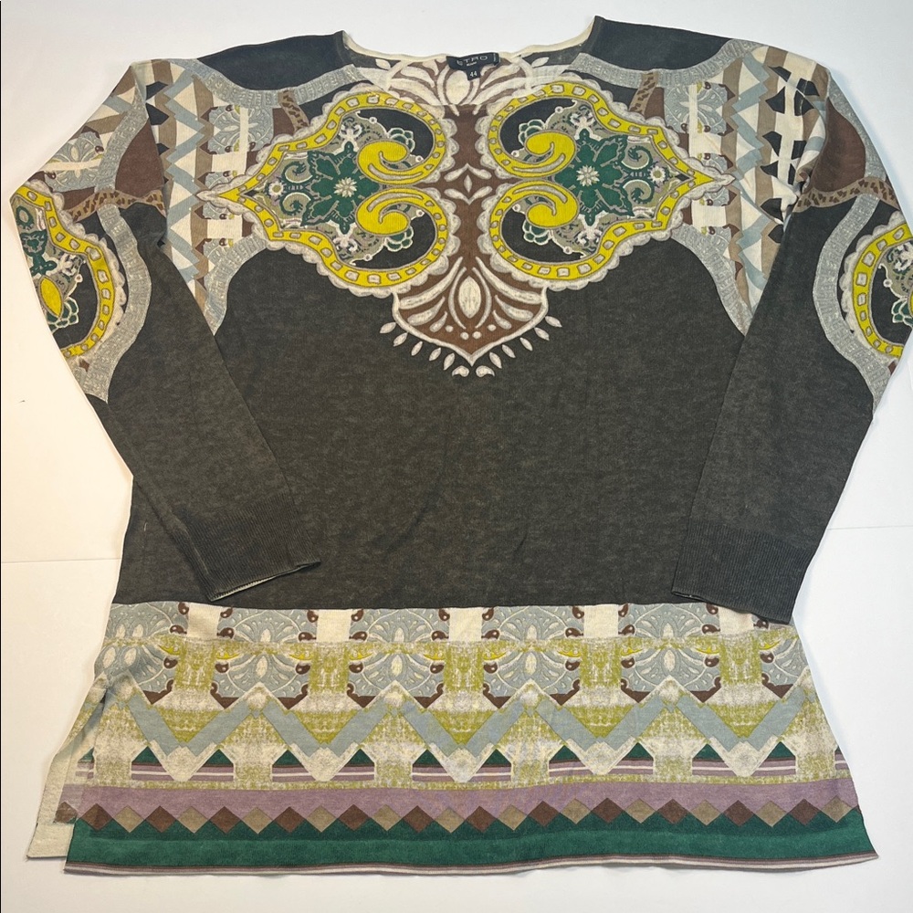 Etro Milano Lana Wool Cashmere Blend Multicolor Patterned Long Sleeve Top Sz 44
